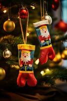 hanging red Christmas stockings filled with gifts, copy space, green background. AI generative photo