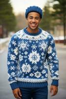 persona vistiendo Navidad feo suéter aislado. generativo ai foto