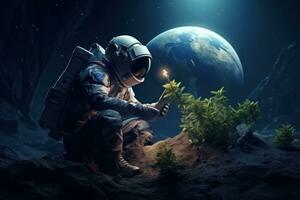 Astronaut plants seedlings of plants on the soil of another planet. AI generative photo