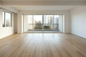 Empty room interior with wooden floor with light and soft skylight from window. Ai Generative photo