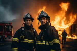 bombero utilizando agua y extintor a luchando con fuego fuego en un emergencia. ai generativo foto