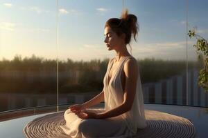 joven mujer sentado y meditando en el techo, creado con generativo ai foto