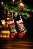 hanging red Christmas stockings filled with gifts, copy space, green background. AI generative photo