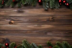 Christmas decorated wooden background with copy space, banner, poster. Generative AI photo