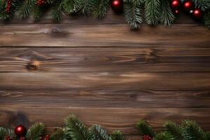 Christmas decorated wooden background with copy space, banner, poster. Generative AI photo