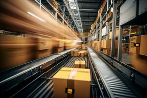 Closeup of multiple cardboard box packages moving along a conveyor belt. Generative AI photo