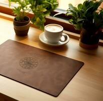 desk mat on work table mockup, side view. Generative AI photo