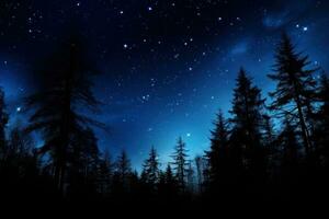 night sky in forest, view of star on night sky through tree brunches. AI Generative photo