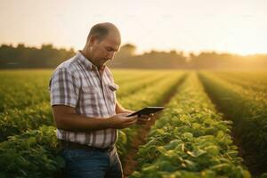 Portrait of confident man agronomist using digital tablet . Generative AI. photo