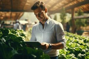 Portrait of confident male agronomist using digital tablet . Generative AI. photo