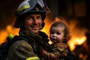 A female firefighter carrying a child to safety during a rescue mission. Generative AI photo