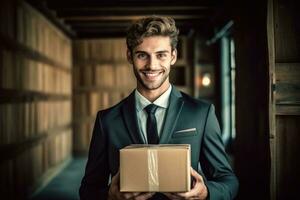 Smiling business man with box in warehouse. Generative IA photo