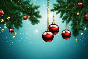 Christmas and New Year background with red balls and fir tree branches. photo