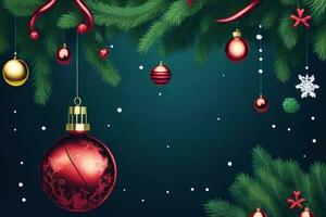 Christmas background with fir tree branches and red baubles. Vector illustration. photo