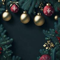 Christmas and New Year background with baubles and fir branches. photo