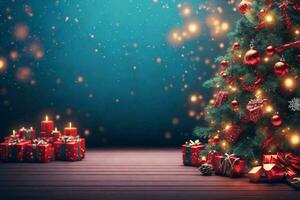 Christmas tree with presents and candles on a wooden table. Christmas background. photo