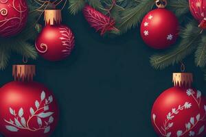 Christmas background with red baubles and fir branches on blackboard photo