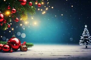 Christmas background with Christmas tree and red balls on wooden planks. photo