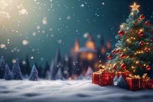 Christmas and New Year background with Christmas tree, gifts and decorations. photo