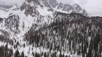 Cadini di Misurina Mountains on Cloudy Winter Day and Forest. Aerial View. Sexten Dolomites, Belluno, Italy. Drone Flies Forward, Tilt Up. Reveal Shot video