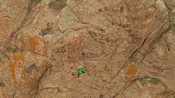Mann Bergsteiger Felsen Klettern. Klippen im Tamgaly tas, Kasachstan. Antenne von oben nach unten Sicht. Drohne fliegt seitwärts video