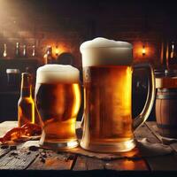 Pints full of beer in a pub, ultra realistic generative ai photo