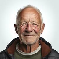 un contento más viejo hombre sonriente para el cámara aislado. foto