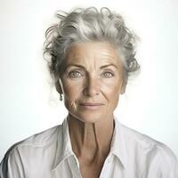 an older woman wearing a white shirt. photo