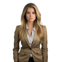 young attractive woman with blazer and pants standing against isolated. photo