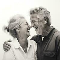 an older man and woman smiling and holding onto each other photo