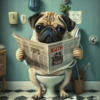 graphic of funny pug sitting on toilet and reading newspaper photo