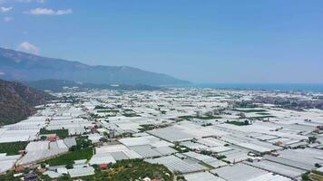 Demre pueblo y blanco invernaderos. antalya, pavo. aéreo vista. zumbido moscas oblicuo video