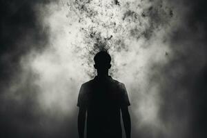 Concept of problems and personal crisis of a person. Image of a man in smoke in the dark. Created by artificial intelligence photo