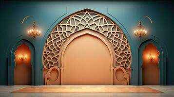 verde podio con beige elementos en Arábica minimalista estilo. podio en el estilo de ramadán, eid mubarak.ai generado foto