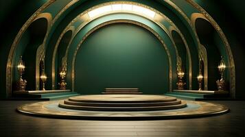 green podium with beige elements in Arabic minimalist style. Podium in the style of Ramadan, Eid Mubarak.AI generated photo