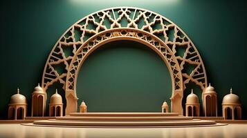 green podium with beige elements in Arabic minimalist style. Podium in the style of Ramadan, Eid Mubarak.AI generated photo