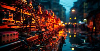 Electrical wires, engineering communications, network connections - AI generated image photo
