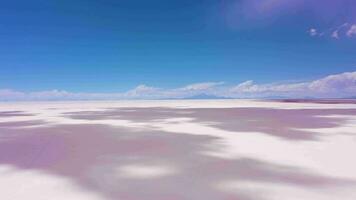 uyuni salt lägenheter. salar de uyuni. antenn se. altiplano, bolivia. torr säsong. moln skuggor. Drönare flugor fram. bred skott video