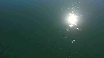 zon gloed Aan een rivier- oppervlak. antenne visie. video