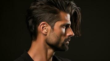 Side portrait of a handsome young man on a dark background. Men's beauty, hair and fashion. photo