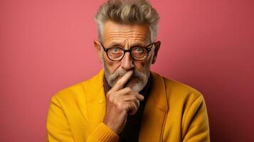 Portrait of an old stylish man in a yellow jacket, eyeglasses on a pink background think. Hold finger at mouth. photo