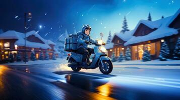 Cartoon illustration of delivery man riding scooter in winter city. Delivery service concept. photo