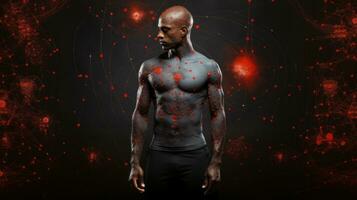 Black man with glowing red human body on black background. Pain dots, muscle spasm or nerve entrapment. photo