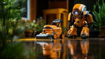 Miniature yellow robot cleaner working in room. Artificial intelligence robotic housekeeper concept photo