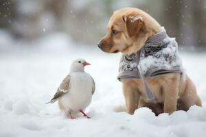 perrito y pájaro amigos en frío clima sentado en nieve en Nevado bosque. un pequeño perro y un pajarito vestido en calentar ropa jugar en el invierno estación. foto