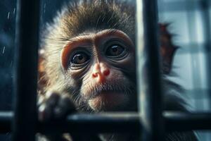 Monkey locked in cage. Emaciated, skinny lonely chimpanzee in cramped cage behind bars with sad look. Concept of keeping animals in captivity where they suffer. Prisoner. AI generated photo