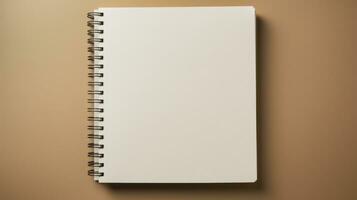 Mockup. A clean open notebook with blank sheets on a clean beige background. Top view. Flat lay. With copy space. Template for design. Spiral organizer. AI generated photo