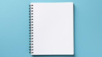 Mockup. A clean open notebook with blank sheets on a clean light blue background. Top view. Flat lay. With copy space. Template for design. Spiral organizer. AI generated photo