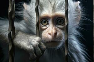 White Monkey locked in cage. Emaciated, skinny lonely chimpanzee in cramped cage behind bars with sad look. Keeping animals in captivity where they suffer. AI generated photo