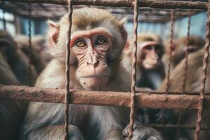 Monkeys locked in cage. Emaciated, skinny chimpanzee in cramped cage behind bars in a zoo or circus with a sad look. The concept of keeping animals in captivity where they suffer.AI generated photo